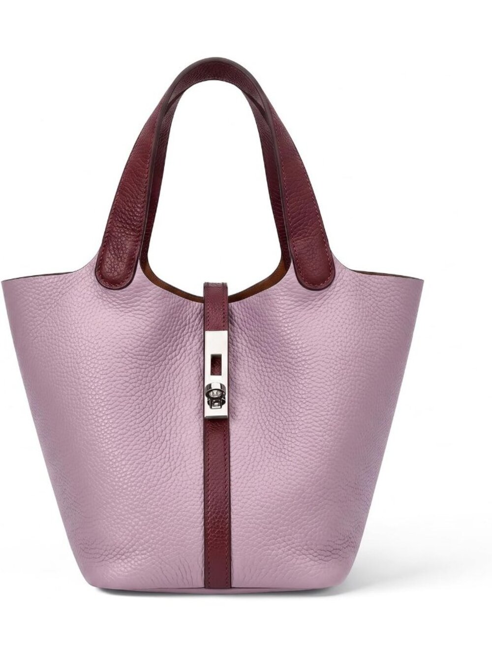 Women's Purple Brown Vegan Leather Satchel Tote Handle Lock Design Bucket Purse